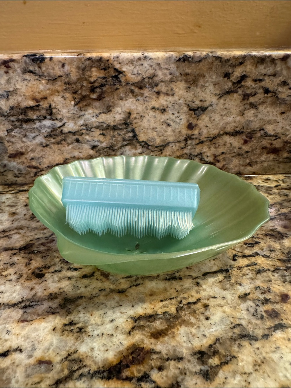 Vintage Seashell Dish w/Scrub Brush for Fingernails, Mint Green
